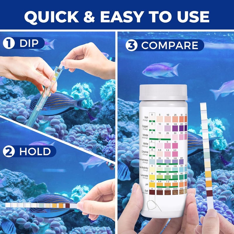 SaySummer Aquarium Test Strips for Saltwater Tank: 10-in-1 125 Counts Salt Water Aquarium Water Test Kit, Fish Tank Test Strips for Testing Salt Chlorine Copper Nitrate pH and More, AQSTTN24 - Image 3